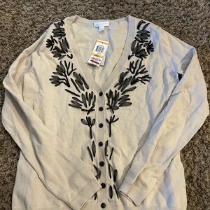 Charter Club Cream Cardigan with Black Embroidery
